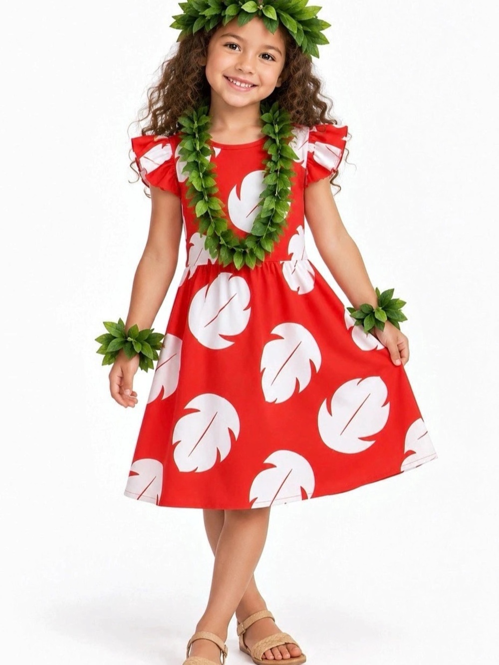Girls Hawaiian Princess Dress Red Leaf Print Costume with Leis